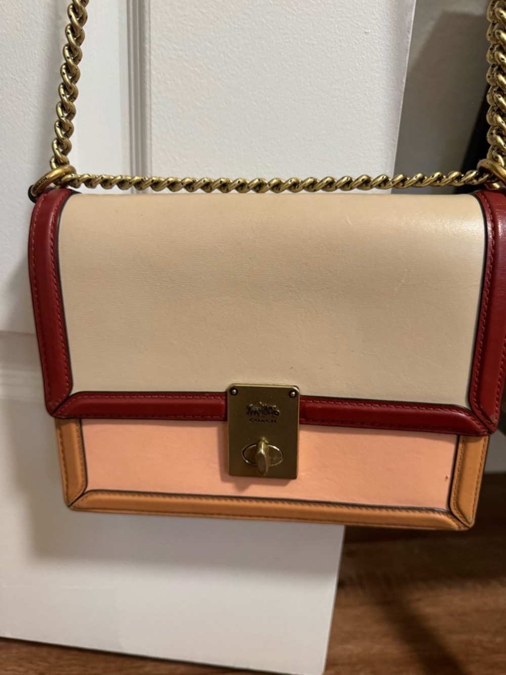 Coach Colorblock Leather Shoulder Bag in Cream, Red and Peach